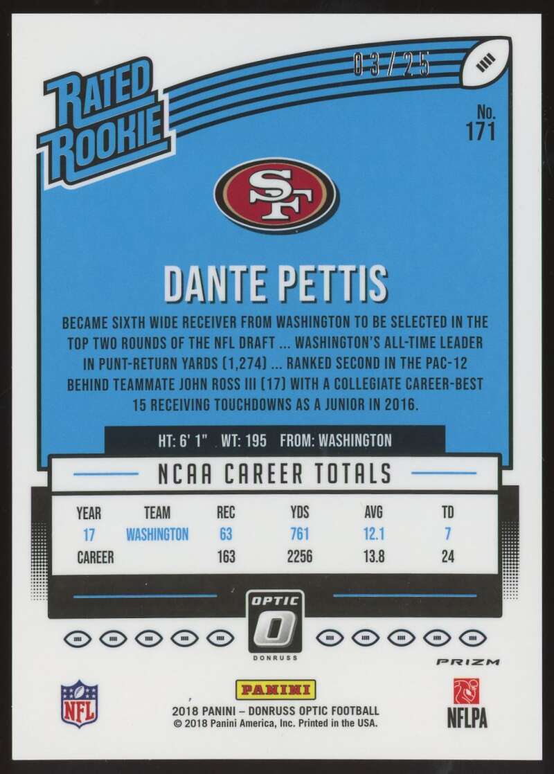 Load image into Gallery viewer, 2018 Donruss Optic Purple Stars Dante Pettis #171 SP SSP San Francisco 49ers /25 Image 2
