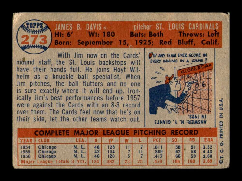 Load image into Gallery viewer, 1957 Topps Jim Davis #273 Wrinkles St. Louis Cardinals Image 2
