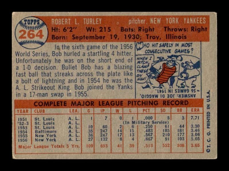 Load image into Gallery viewer, 1957 Topps Bob Turley #264 Surface Scratches New York Yankees Image 2
