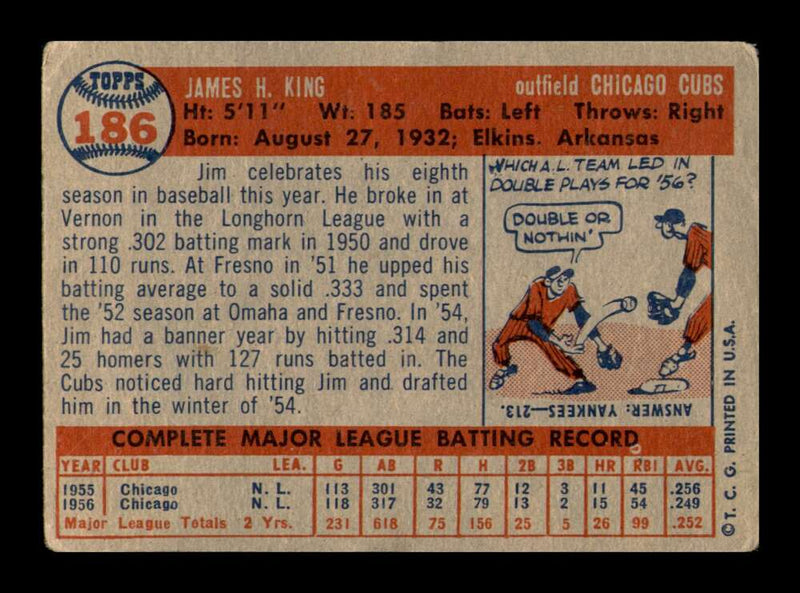 Load image into Gallery viewer, 1957 Topps Jim King #186 Surface Scratches Chicago Cubs Image 2
