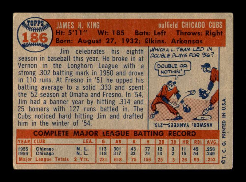 Load image into Gallery viewer, 1957 Topps Jim King #186 Surface Scratches Chicago Cubs Image 2
