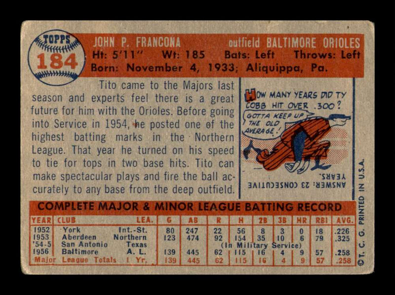 Load image into Gallery viewer, 1957 Topps Tito Francona #184 Rookie RC Surface Scratches Baltimore Orioles Image 2
