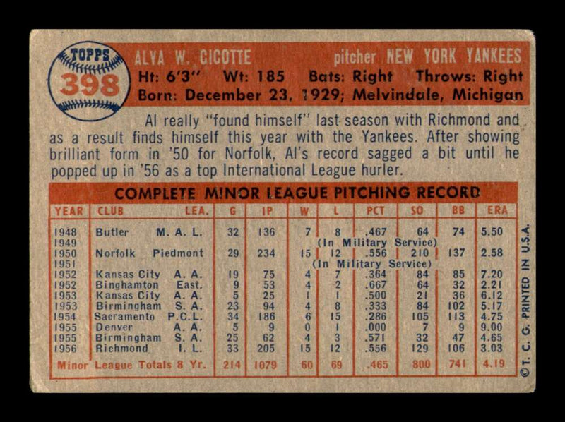 Load image into Gallery viewer, 1957 Topps Al Cicotte #398 Surface Scratches Rookie RC New York Yankees Image 2
