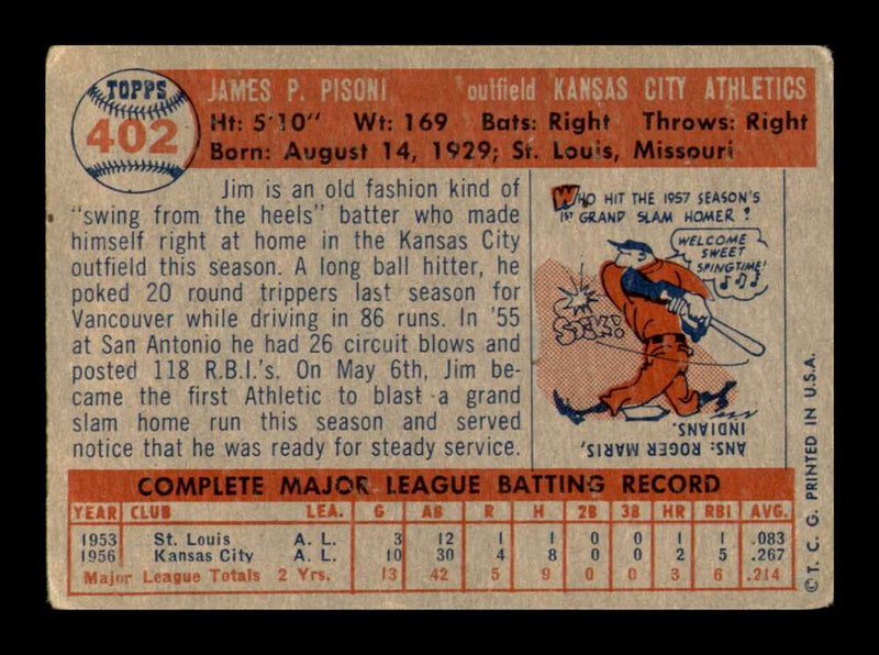 Load image into Gallery viewer, 1957 Topps Jim Pisoni #402 Small Surface Scratch Kansas City A&#39;s Image 2
