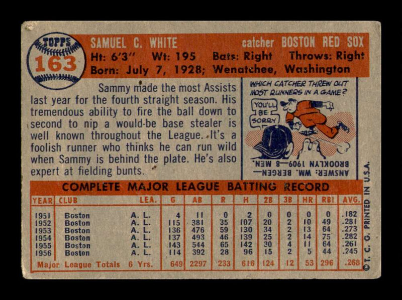 Load image into Gallery viewer, 1957 Topps Sammy White #163 Corner Creases Boston Red Sox Image 2
