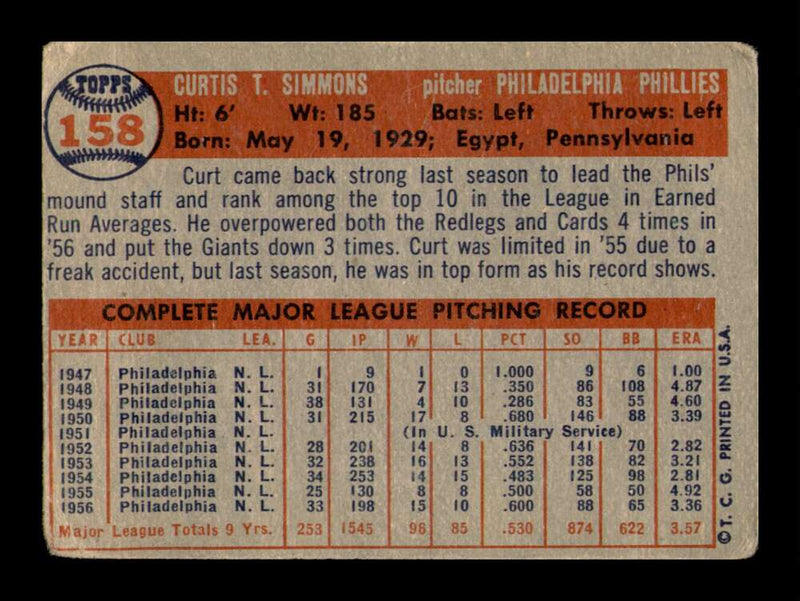 Load image into Gallery viewer, 1957 Topps Curt Simmons #158 Philadelphia Phillies Image 2
