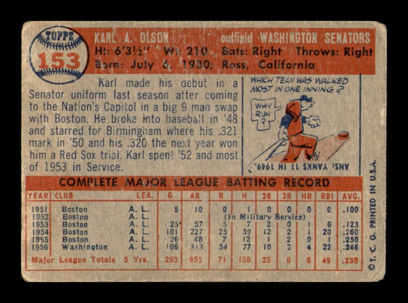 Load image into Gallery viewer, 1957 Topps Karl Olson #153 Washington Senators Image 2
