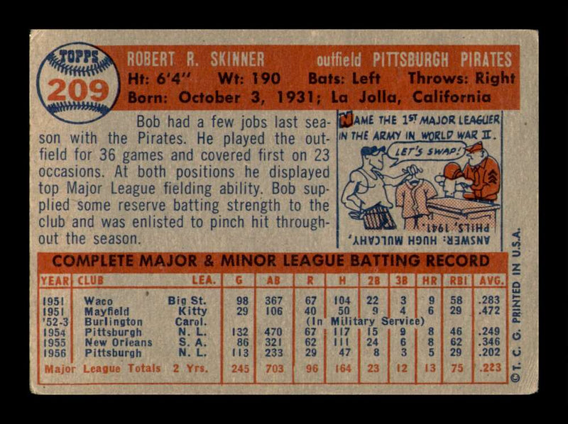 Load image into Gallery viewer, 1957 Topps Bob Skinner #209 Surface Scratches Pittsburgh Pirates Image 2
