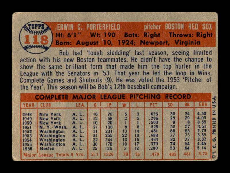 Load image into Gallery viewer, 1957 Topps Bob Porterfield #118 Crease Boston Red Sox Image 2
