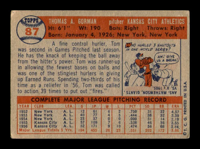 Load image into Gallery viewer, 1957 Topps Tom Gorman #87 Kansas City Athletics Image 2
