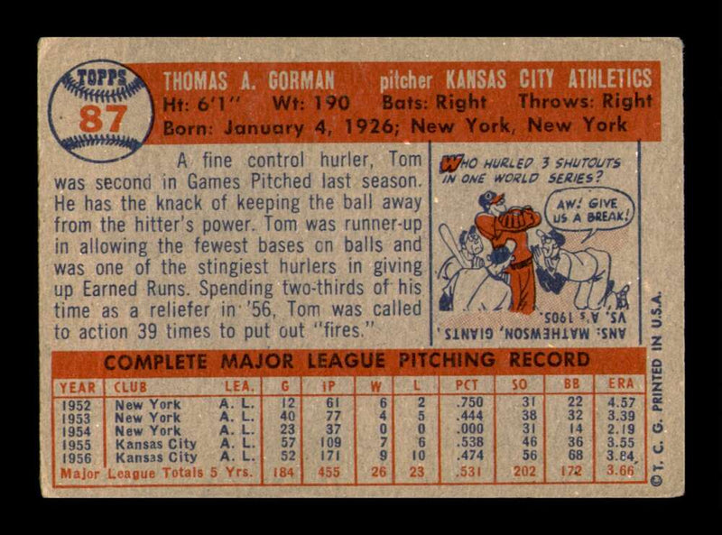 Load image into Gallery viewer, 1957 Topps Tom Gorman #87 Surface Scratches Kansas City Athletics Image 2
