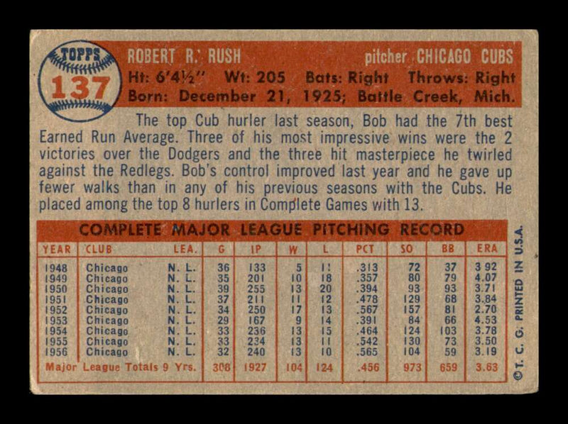 Load image into Gallery viewer, 1957 Topps Bob Rush #137 Surface Scratches Chicago Cubs Image 2
