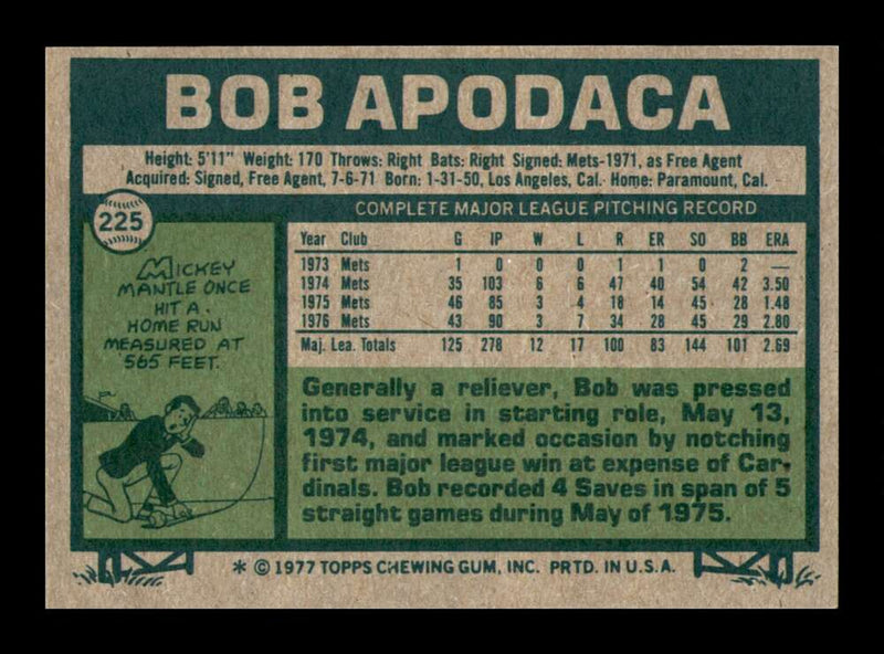 Load image into Gallery viewer, 1977 Topps Bob Apodaca #225 New York Mets Image 2
