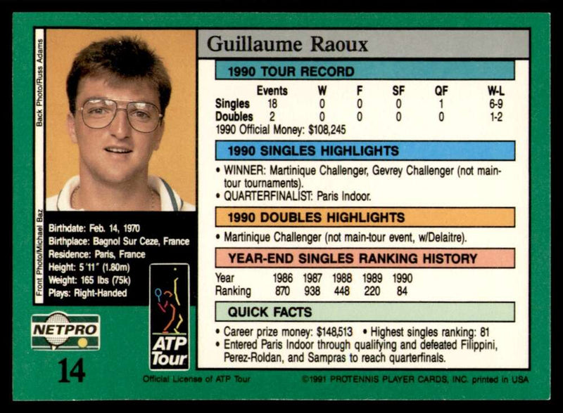 Load image into Gallery viewer, 1991 NetPro Tour Stars Guillaume Raoux #14 Rookie RC Set Break Image 2
