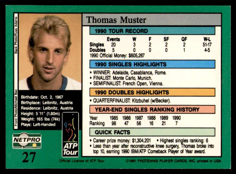 Load image into Gallery viewer, 1991 NetPro Tour Stars Thomas Muster #27 Rookie RC Set Break Image 2
