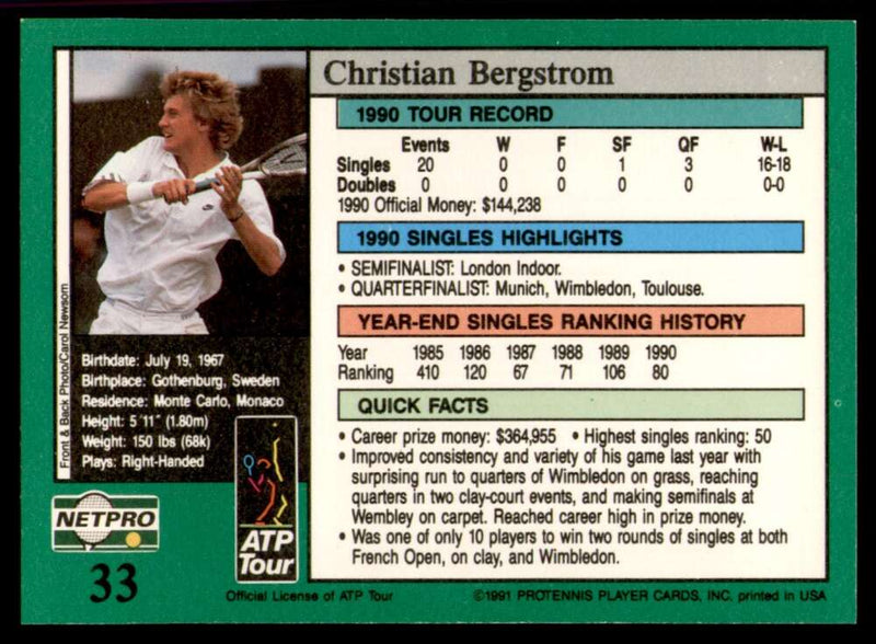 Load image into Gallery viewer, 1991 NetPro Tour Stars Christian Bergstrom #33 Rookie RC Set Break Image 2
