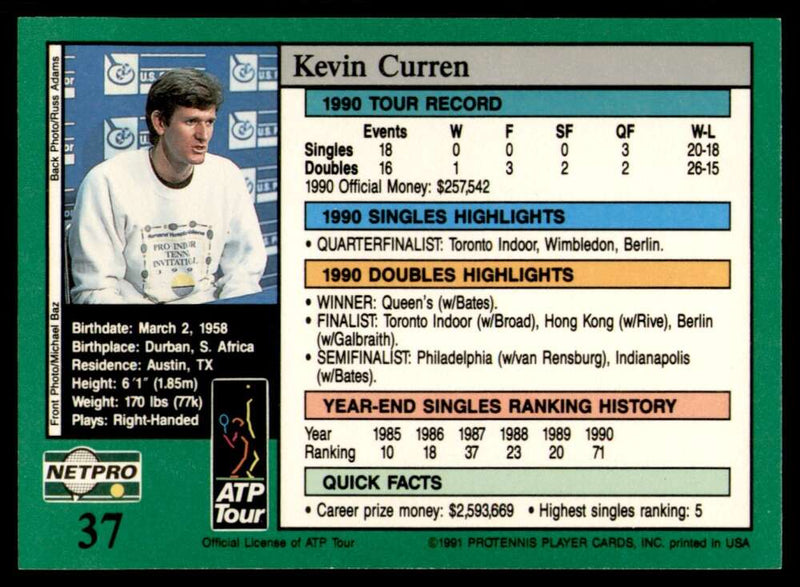 Load image into Gallery viewer, 1991 NetPro Tour Stars Kevin Curren #37 Rookie RC Set Break Image 2
