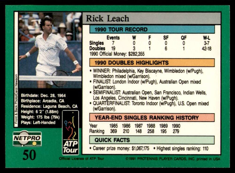 Load image into Gallery viewer, 1991 NetPro Tour Stars Rick Leach #50 Rookie RC Set Break Image 2
