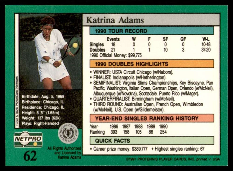 Load image into Gallery viewer, 1991 NetPro Tour Stars Katrina Adams #62 Rookie RC Set Break Image 2
