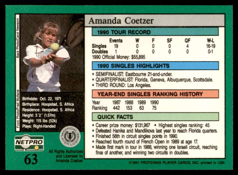 Load image into Gallery viewer, 1991 NetPro Tour Stars Amanda Coetzer #63 Rookie RC Set Break Image 2
