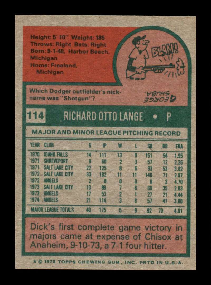 Load image into Gallery viewer, 1975 Topps Dick Lange #114 NM Near Mint California Angels Image 2
