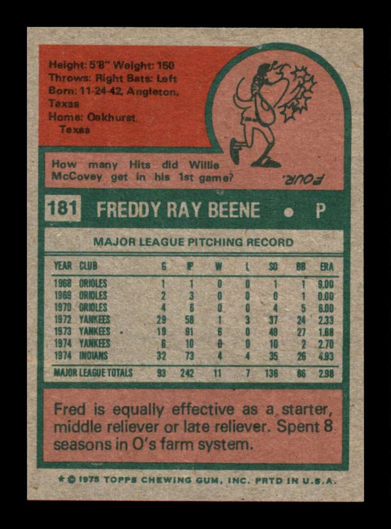 Load image into Gallery viewer, 1975 Topps Fred Beene #181 NM Near Mint Cleveland Indians Image 2
