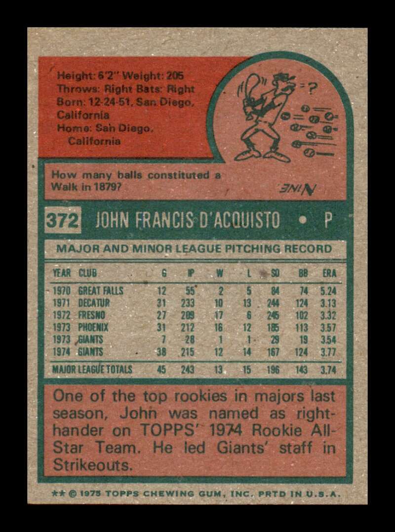 Load image into Gallery viewer, 1975 Topps John D&#39;Acquisto #372 NM Near Mint San Francisco Giants Image 2
