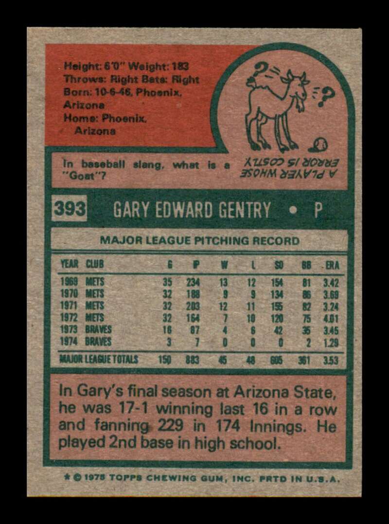 Load image into Gallery viewer, 1975 Topps Gary Gentry #393 NM Near Mint Atlanta Braves Image 2
