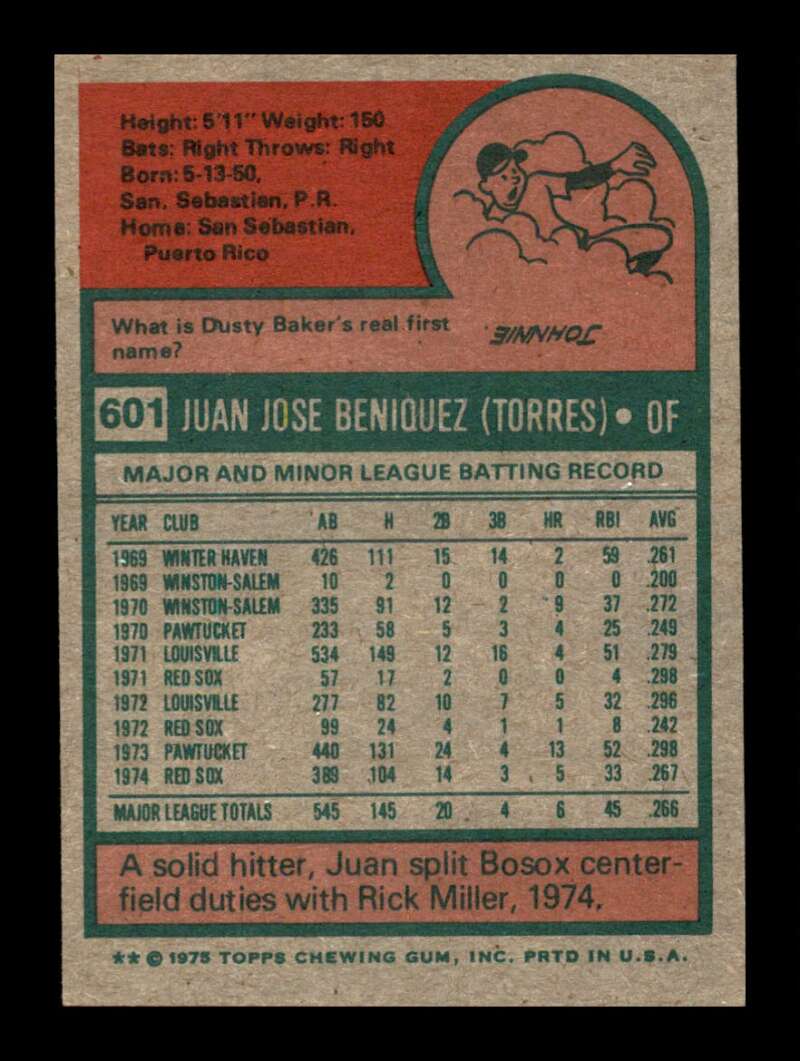 Load image into Gallery viewer, 1975 Topps Juan Beniquez #601 NM Near Mint Boston Red Sox Image 2
