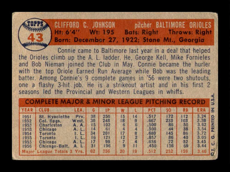 Load image into Gallery viewer, 1957 Topps Connie Johnson #43 Surface Scratches Baltimore Orioles Image 2
