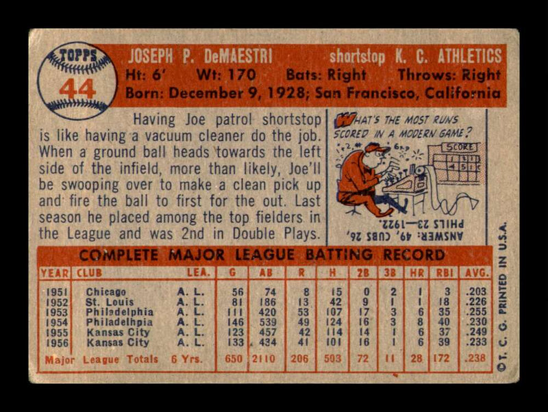 Load image into Gallery viewer, 1957 Topps Joe DeMaestri #44 Corner Crease Kansas City Athletics Image 2
