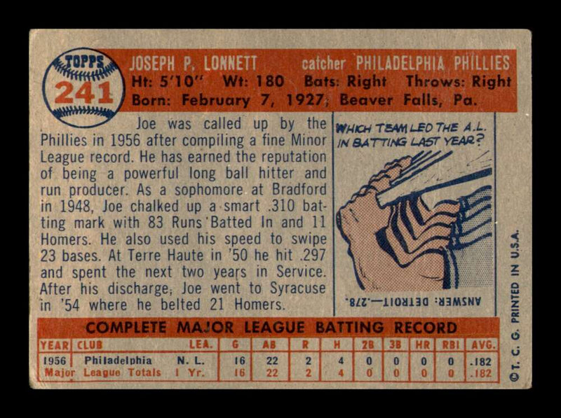 Load image into Gallery viewer, 1957 Topps Joe Lonnett #241 Wax On Front Rookie RC Philadelphia Phillies Image 2
