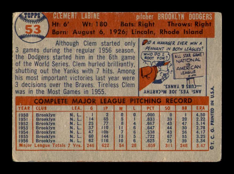 Load image into Gallery viewer, 1957 Topps Clem Labine #53 Brooklyn Dodgers Image 2
