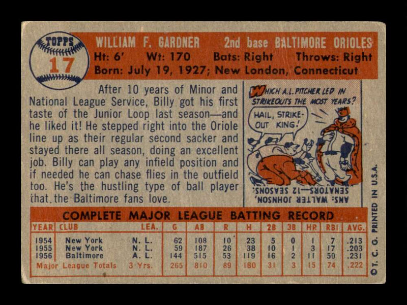 Load image into Gallery viewer, 1957 Topps Billy Gardner #17 Crease Baltimore Orioles Image 2
