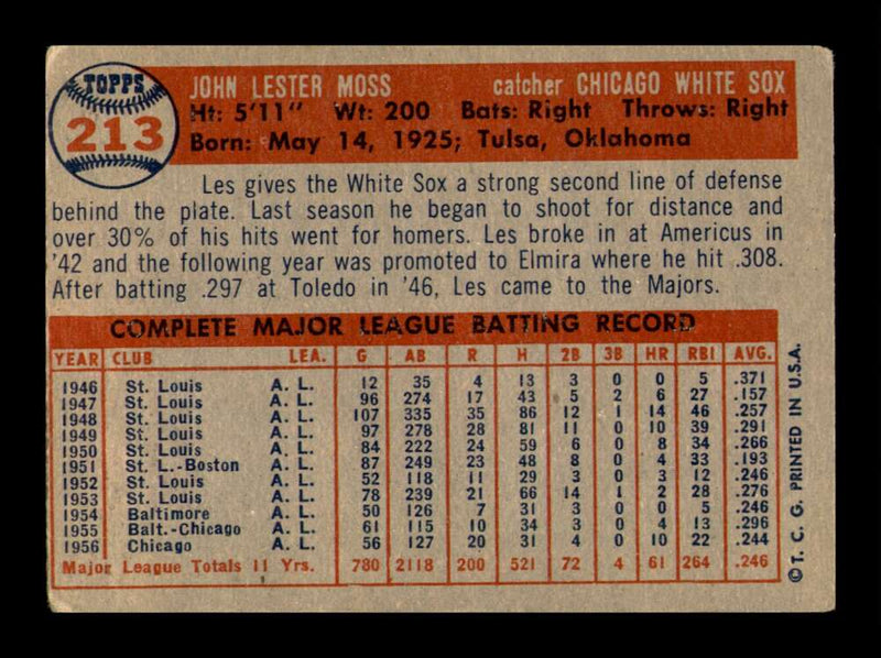 Load image into Gallery viewer, 1957 Topps Les Moss #213 Surface Dents Chicago White Sox Image 2
