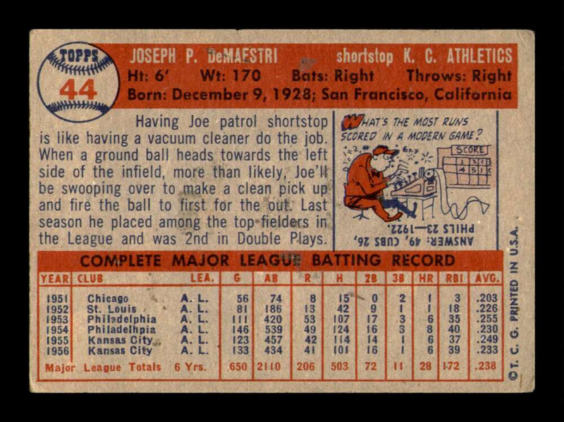 Load image into Gallery viewer, 1957 Topps Joe DeMaestri #44 Kansas City Athletics Image 2
