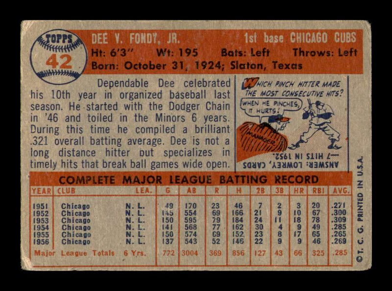 Load image into Gallery viewer, 1957 Topps Dee Fondy #42 Wrinkle Chicago Cubs Image 2
