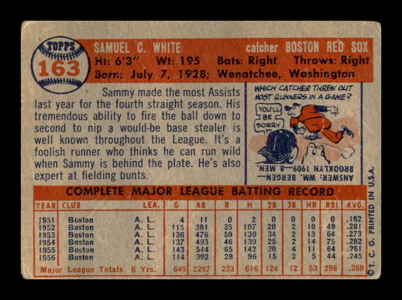 Load image into Gallery viewer, 1957 Topps Sammy White #163 Surface Scratches Boston Red Sox Image 2
