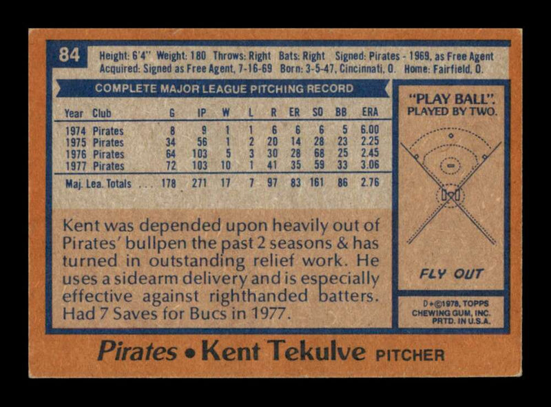 Load image into Gallery viewer, 1978 Topps Kent Tekulve #84 Pittsburgh Pirates Image 2

