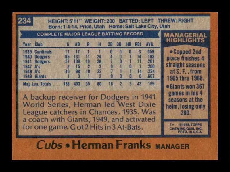 Load image into Gallery viewer, 1978 Topps Herman Franks #234 Chicago Cubs Image 2
