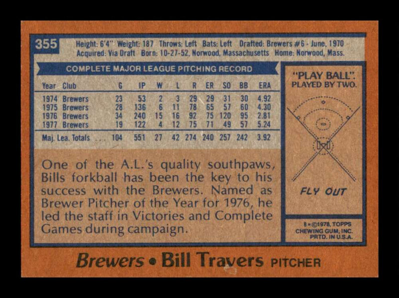 Load image into Gallery viewer, 1978 Topps Bill Travers #355 Milwaukee Brewers  Image 2
