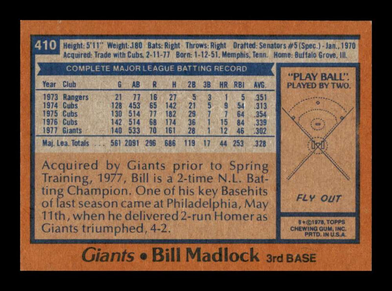 Load image into Gallery viewer, 1978 Topps Bill Madlock #410 San Francisco Giants  Image 2
