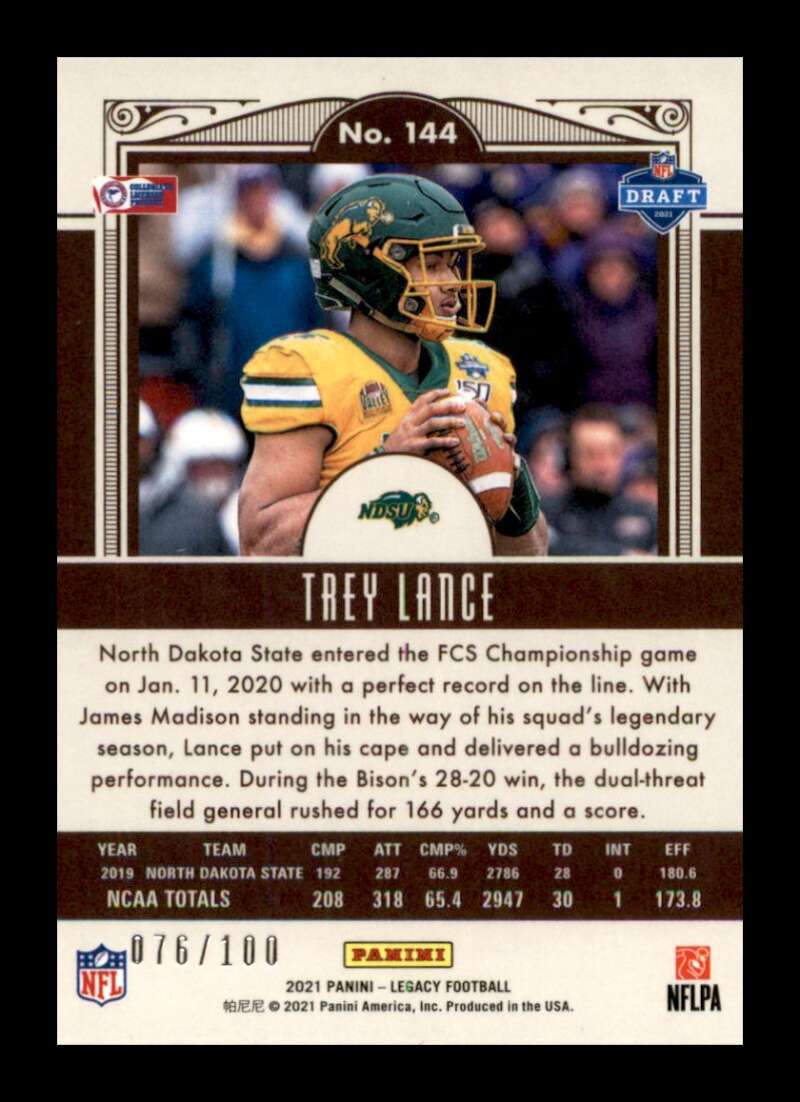 Load image into Gallery viewer, 2021 Panini Legacy Bronze Trey Lance #144 Rookie RC Surface Scratch /100 North Dakota State Bison  Image 2
