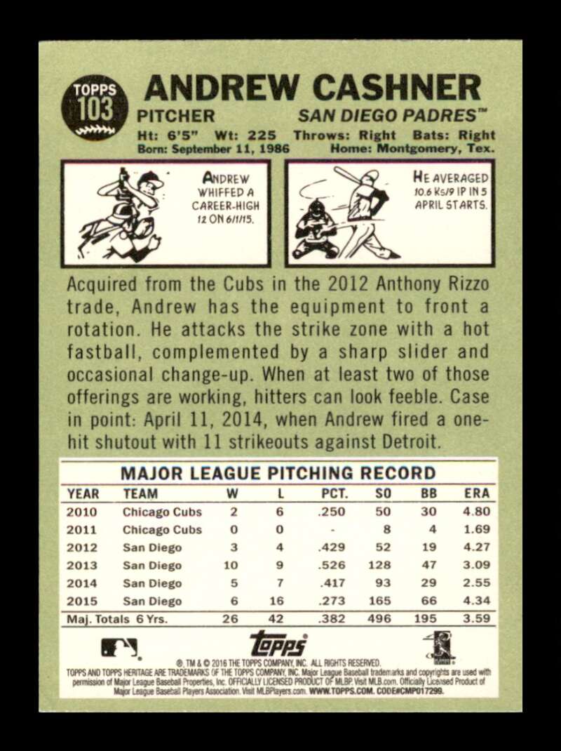 Load image into Gallery viewer, 2016 Topps Heritage Andrew Cashner #103 San Diego Padres  Image 2
