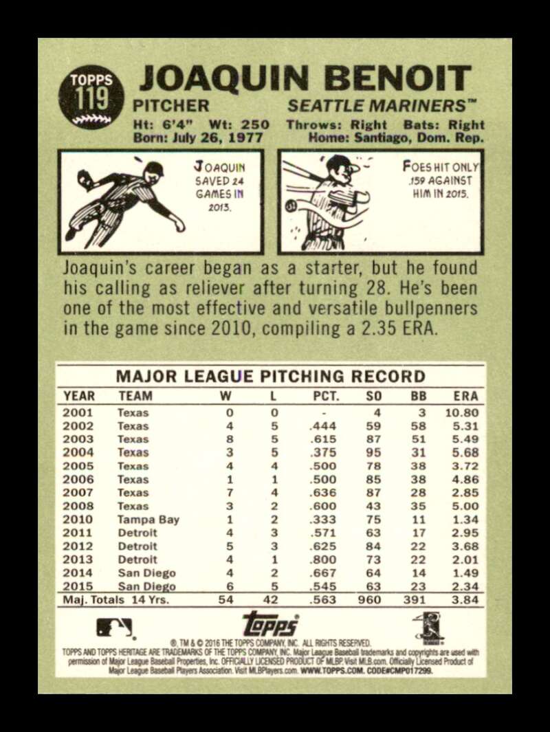 Load image into Gallery viewer, 2016 Topps Heritage Joaquin Benoit #119 Seattle Mariners  Image 2
