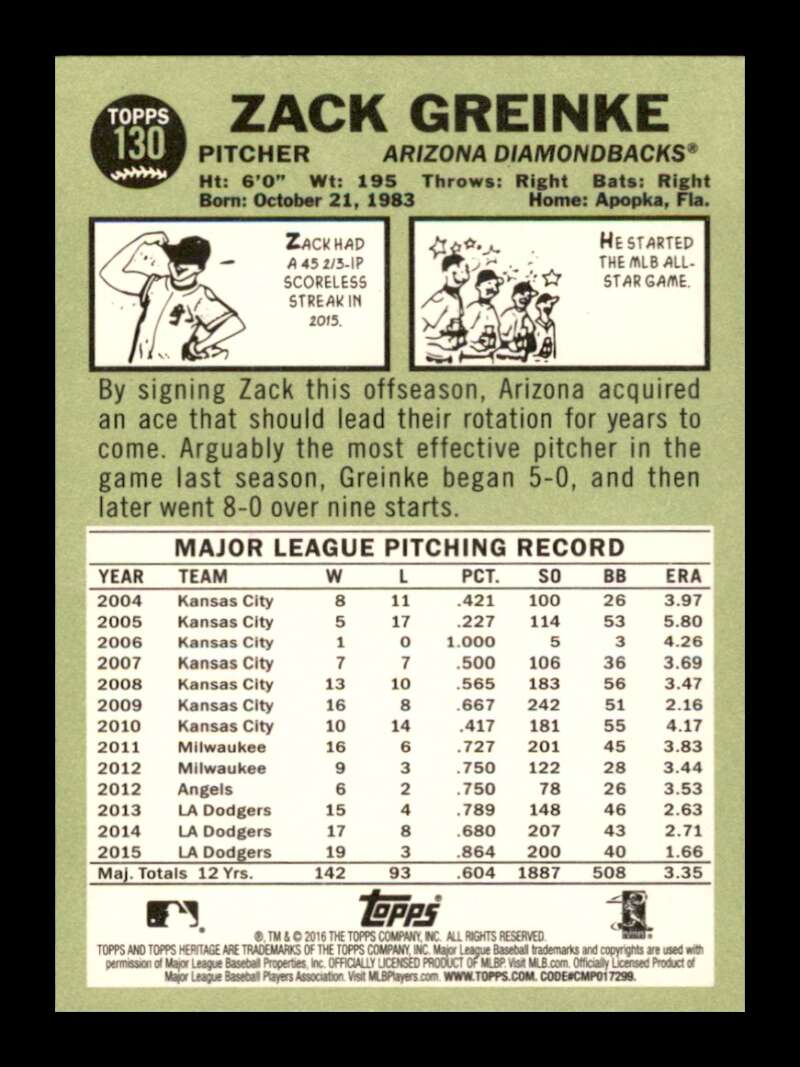 Load image into Gallery viewer, 2016 Topps Heritage Zack Greinke #130 Arizona Diamondbacks  Image 2
