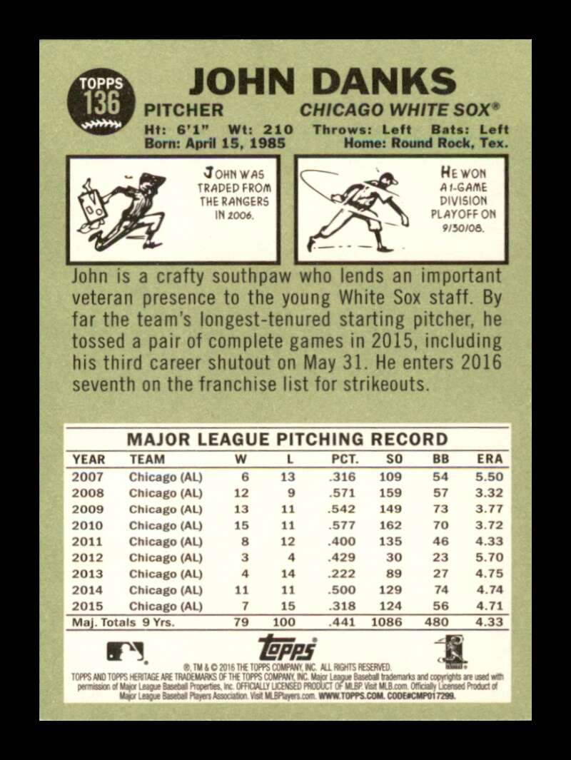 Load image into Gallery viewer, 2016 Topps Heritage John Danks #136 Chicago White Sox  Image 2
