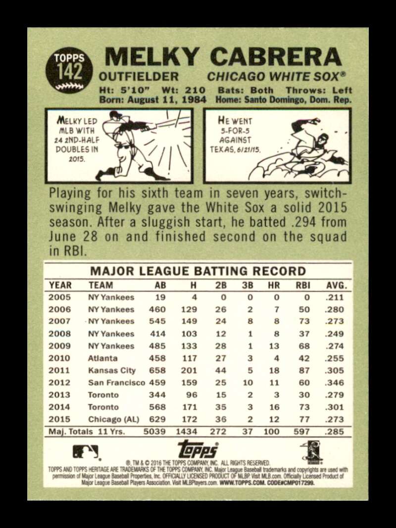 Load image into Gallery viewer, 2016 Topps Heritage Melky Cabrera #142 Chicago White Sox  Image 2
