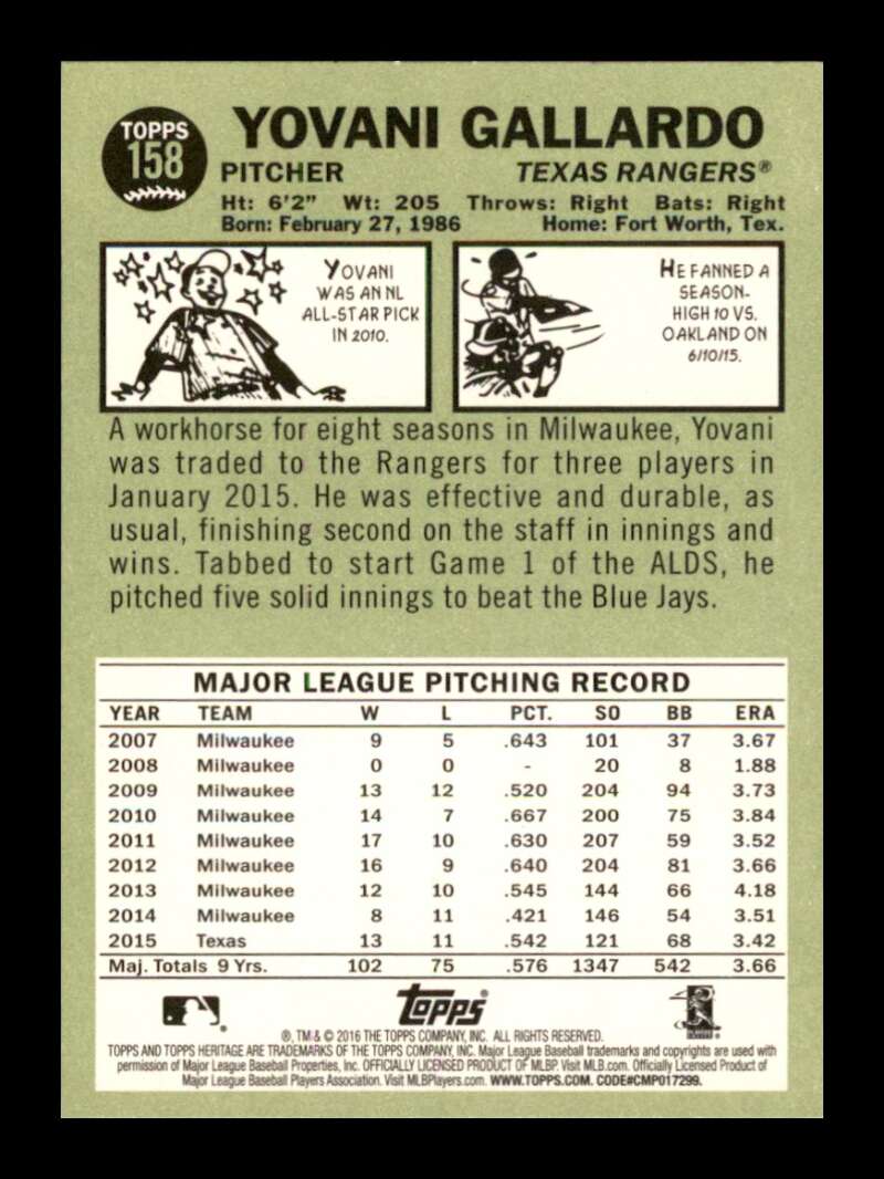 Load image into Gallery viewer, 2016 Topps Heritage Yovani Gallardo #158 Texas Rangers  Image 2
