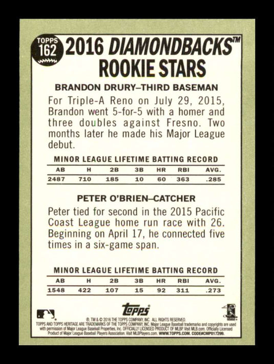 2016 Topps Heritage Peter O'Brien Brandon Drury 